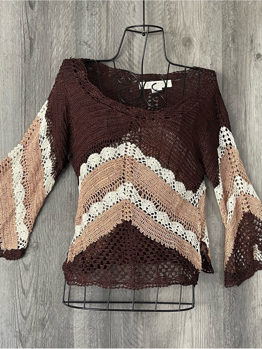 Bettie Page Crochet Chevron Scoop-Neck Sweater in Brown, Beige & Cream
